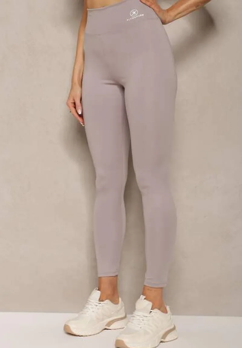 Szare Legginsy High Waist z Gumką w Pasie Cloen