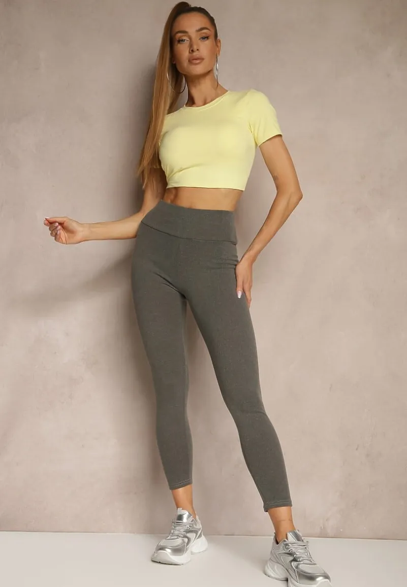Szare Legginsy High Waist z Szeroką Gumką w Pasie Sevini