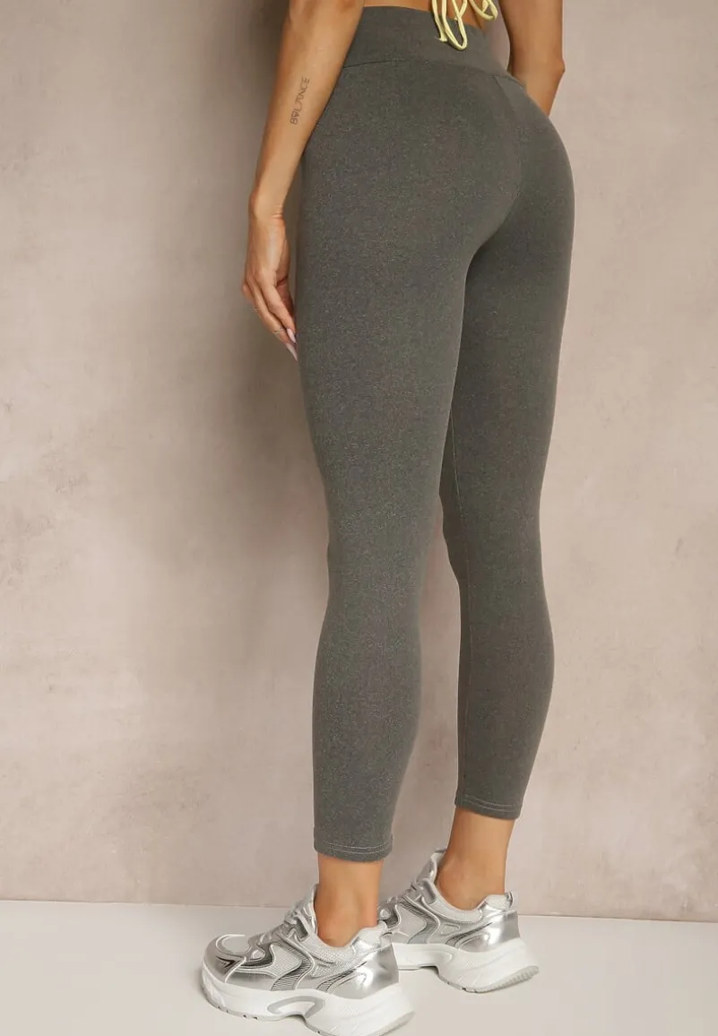 Szare Legginsy High Waist z Szeroką Gumką w Pasie Sevini
