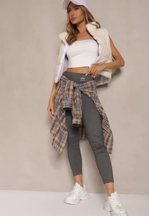 Szare Legginsy High Waist Ozdobione Aplikacją Sevirra