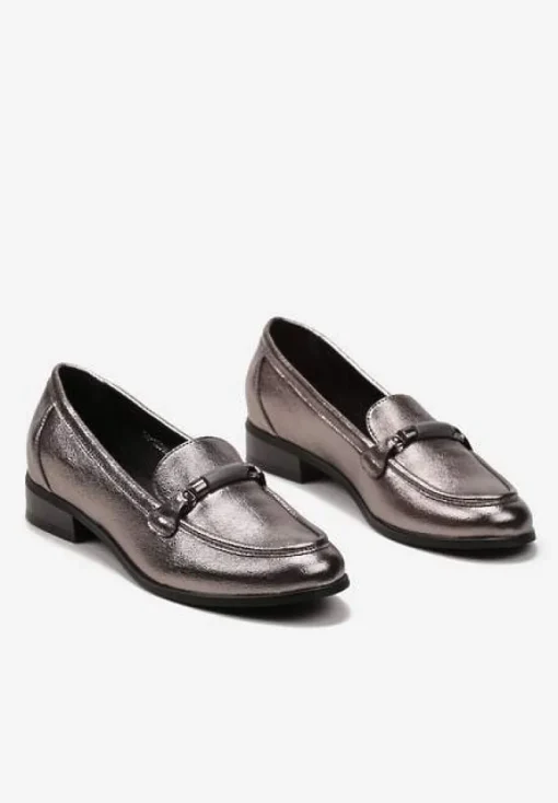 Szare Metaliczne Mokasyny Loafersy z Klamerką i Wkładką ze Skóry Naturalnej Vinterua