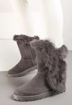 Szare Śniegowce na Płaskiej Podeszwie z Futerkiem Seanira