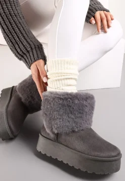 Szare Śniegowce na Platformie z Ozdobnym Futerkiem Tiran