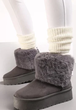 Szare Śniegowce na Platformie z Ozdobnym Futerkiem Tiran