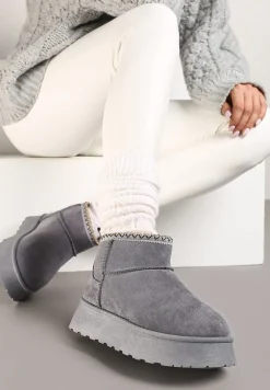 Szare Śniegowce na Platformie Ozdobione Haftem Deccaria