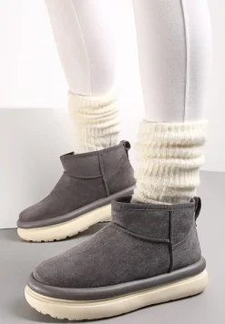 Szare Śniegowce Ultra Mini na Grubej Podeszwie z Futerkiem Asemmia