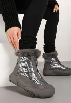 Szare Śniegowce Vices na Platformie z Pikowaną Cholewką i Futerkiem Gemitana