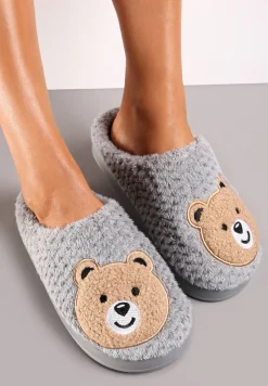 Szare Ocieplone Kapcie z Naszywką w Kształcie Uroczego Misia Garana