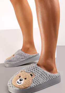 Szare Ocieplone Kapcie z Naszywką w Kształcie Uroczego Misia Garana