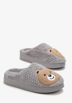 Szare Ocieplone Kapcie z Naszywką w Kształcie Uroczego Misia Garana