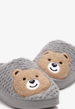 Szare Ocieplone Kapcie z Naszywką w Kształcie Uroczego Misia Garana