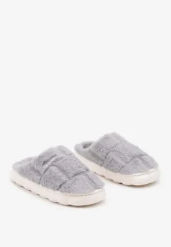 Szare Płaskie Futrzane Kapcie z Geometrycznym Wzorem Naoritha