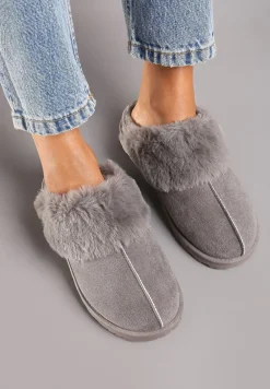 Szare Płaskie Kapcie Ozdobione Futerkiem Avettria