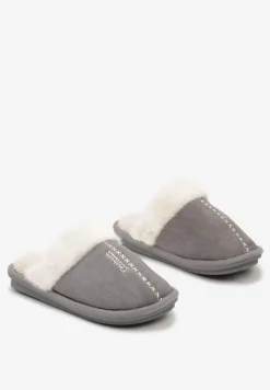 Szare Płaskie Kapcie Ozdobione Futerkiem Lealira
