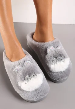 Szare Płaskie Kapcie z Aplikacją 3D w Kształcie Króliczka Munere