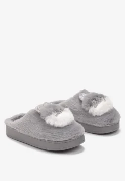 Szare Płaskie Kapcie z Aplikacją 3D w Kształcie Króliczka Munere