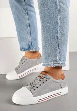 Szare Płaskie Trampki ze Skóry Naturalnej ze Skórzaną Wkładką i Ozdobnym Noskiem Milili