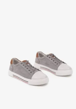 Szare Płaskie Trampki ze Skóry Naturalnej ze Skórzaną Wkładką i Ozdobnym Noskiem Milili