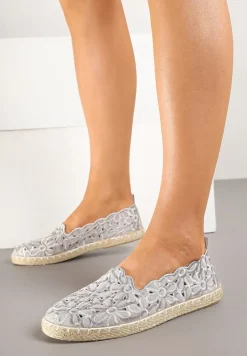 Szare Plecione Espadryle Vices z Kwiatowym Motywem z Ażurowymi Wycięciami Honavia