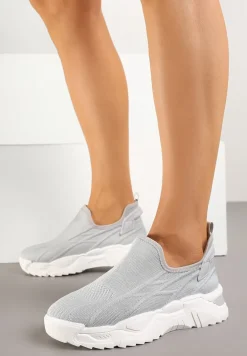 Szare Siateczkowe Buty Sportowe Sneakersy Wsuwane Zdobione Tłoczeniami Nusadela