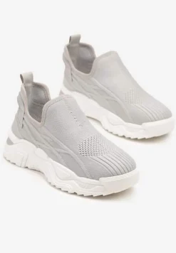 Szare Siateczkowe Buty Sportowe Sneakersy Wsuwane Zdobione Tłoczeniami Nusadela