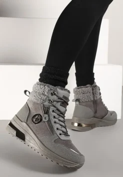 Szare Sneakersy na Koturnie za Kostkę z Metaliczną Ozdobą i Suwakiem Sinelara