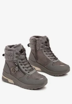 Szare Sneakersy na Koturnie za Kostkę z Metaliczną Ozdobą i Suwakiem Sinelara