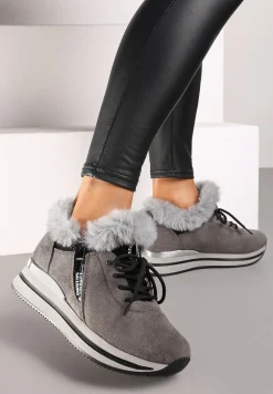 Szare Sneakersy na Płaskiej Podeszwie z Napisem i Futerkiem Taricea
