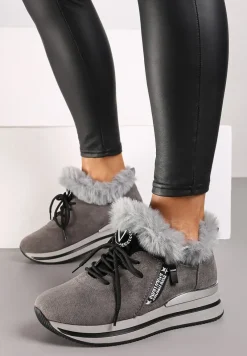 Szare Sneakersy na Płaskiej Podeszwie z Napisem i Futerkiem Taricea
