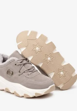 Szare Sneakersy na Platformie z Metaliczną Ozdobą i Geometrycznym Motywem Delasiel