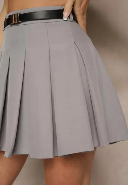 Szare Spódnico-Spodenki High Waist z Plisowaniem Wykończone Paskiem Eviennes