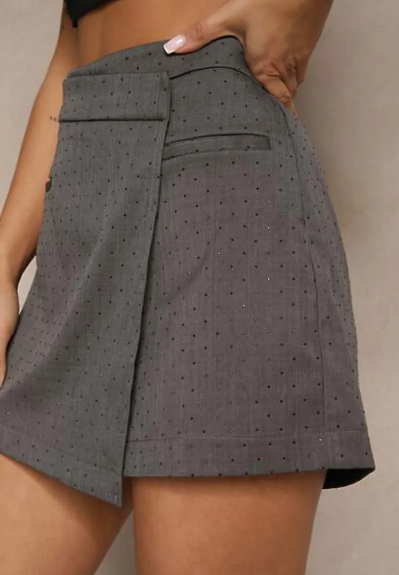 Szare Spódnico-Szorty z Cekinami Zakładką i Imitacją Kieszeni Vaiane