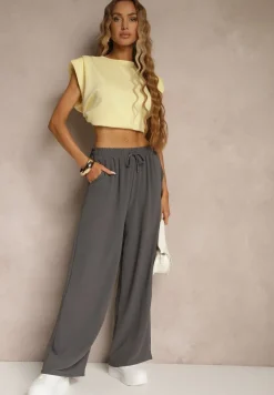 Szare Spodnie High Waist ze Sznurkiem w Talii i Prostą Nogawką Raveann