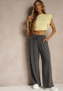 Szare Spodnie High Waist ze Sznurkiem w Talii i Prostą Nogawką Raveann