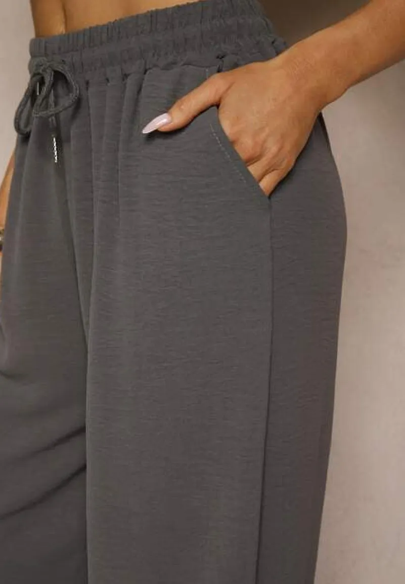 Szare Spodnie High Waist ze Sznurkiem w Talii i Prostą Nogawką Raveann
