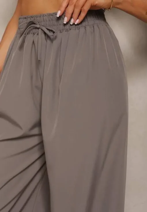 Szare Spodnie High Waist z Szerokimi Nogawkami z Wiskozą Wykończone Gumką w Talii Crisantas