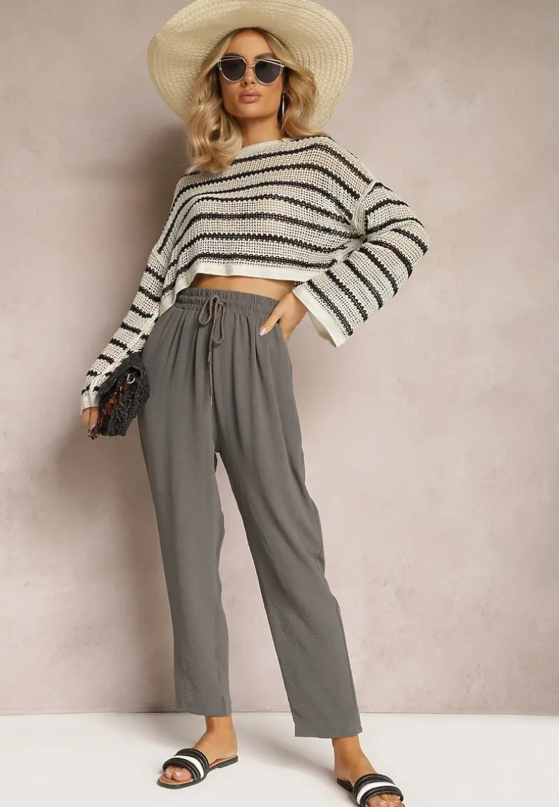 Szare Spodnie o Luźnym Fasonie ze Sznurkiem i Gumką w Talii Enivea