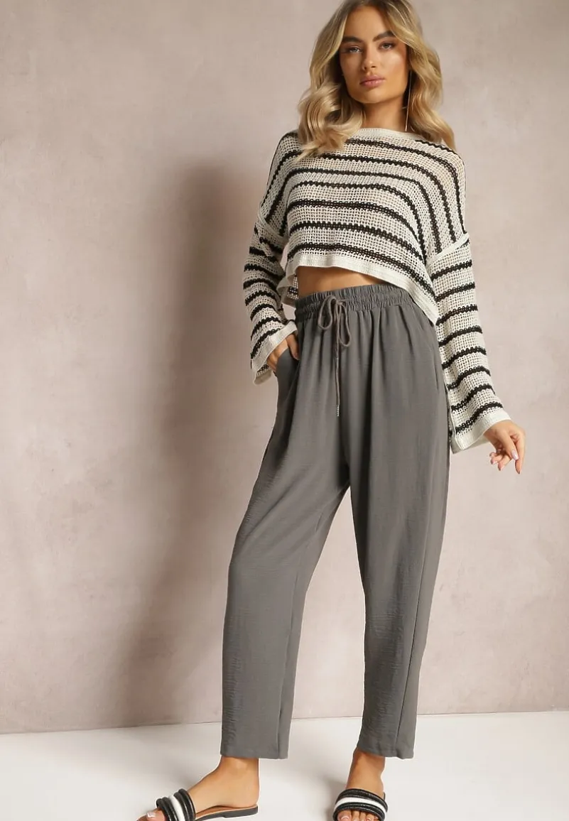 Szare Spodnie o Luźnym Fasonie ze Sznurkiem i Gumką w Talii Enivea