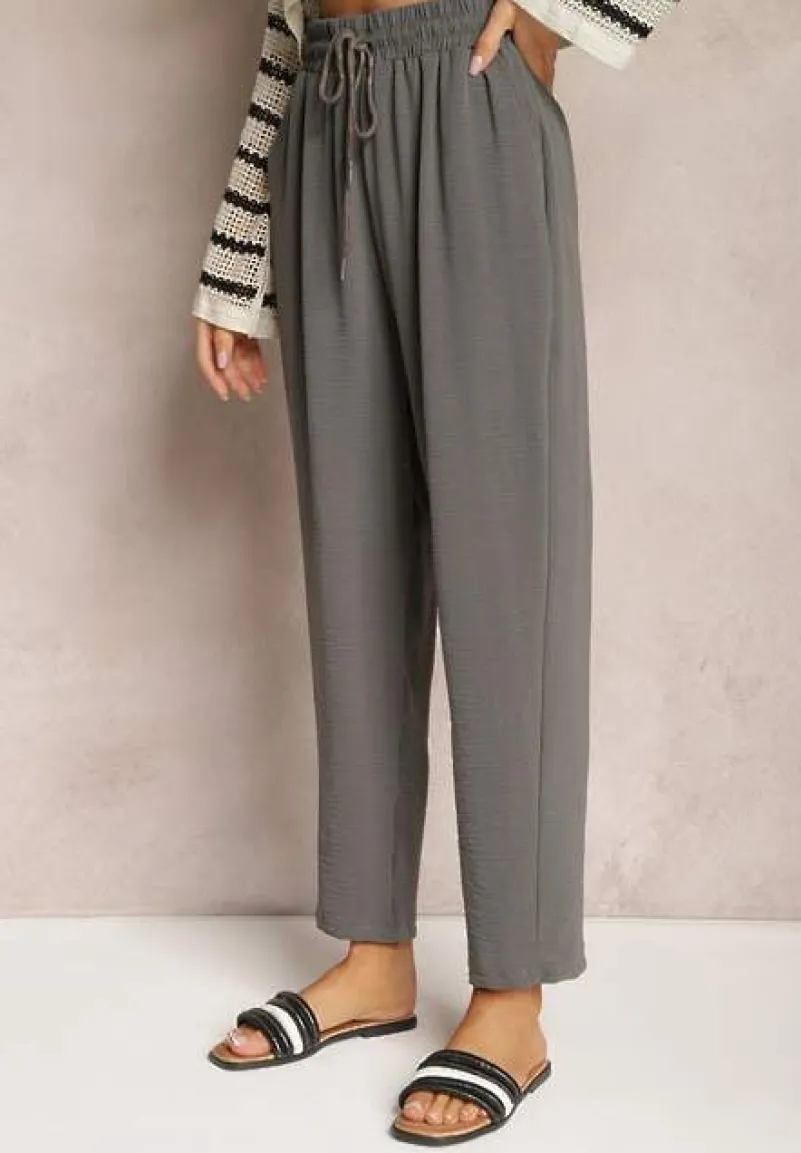 Szare Spodnie o Luźnym Fasonie ze Sznurkiem i Gumką w Talii Enivea