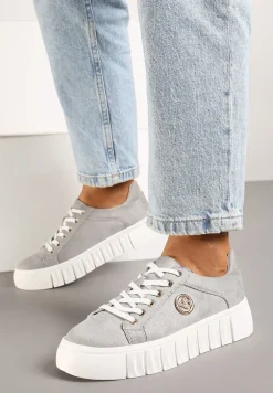 Szare Sznurowane Sneakersy Vices na Platformie z Tłoczeniem i Metaliczną Aplikacją Lavfedi