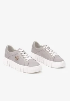Szare Sznurowane Sneakersy Vices na Platformie z Tłoczeniem i Metaliczną Aplikacją Lavfedi