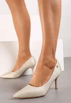 Szare Szpilki z Wkładką ze Skóry Naturalnej i Aplikacją o Metalowym Wykończeniu Krissan