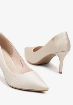 Szare Szpilki z Wkładką ze Skóry Naturalnej i Aplikacją o Metalowym Wykończeniu Krissan