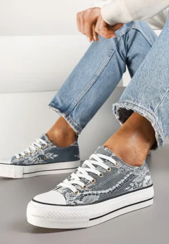 Szare Trampki Niskie z Koronkowym Zdobieniem Gonmiris