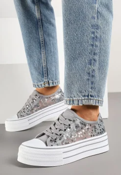 Szare Trampki Vices z Siateczki z Cekinami na Grubej Podeszwie Telanila