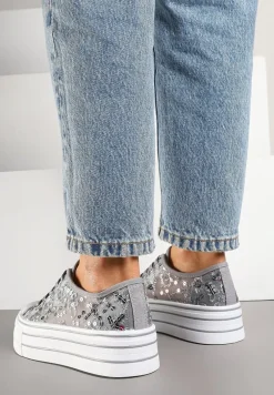 Szare Trampki Vices z Siateczki z Cekinami na Grubej Podeszwie Telanila