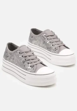 Szare Trampki Vices z Siateczki z Cekinami na Grubej Podeszwie Telanila