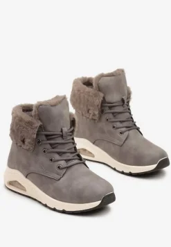 Szare Trapery ze Sznurowaną Cholewką z Futrem Zdobione Wstawką przy Podeszwie Nelothiel