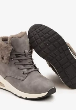 Szare Trapery ze Sznurowaną Cholewką z Futrem Zdobione Wstawką przy Podeszwie Nelothiel