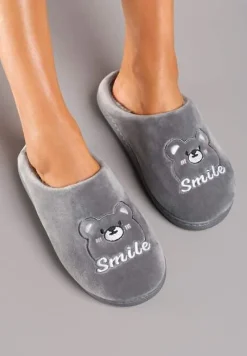 Szare Wsuwane Kapcie z Welurowym Wykończeniem i Ozdobną Naszywką Naorise